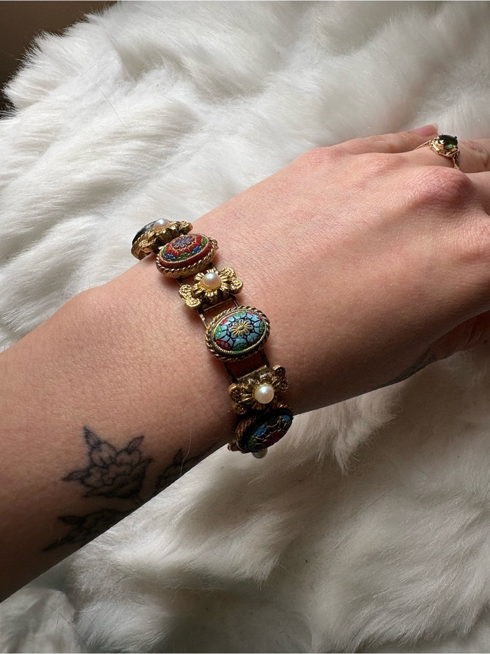 Vintage Enamel & Pearl Decorative Mosaic Bracelet - Picture 4 of 4